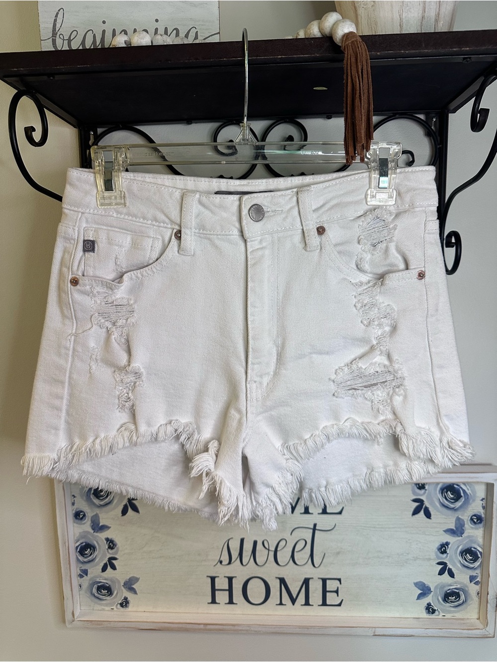 Just USA White Distressed Denim High Rise Short Frayed hem